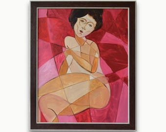 Original large oil painting. By Ukrainian artist V. Kanashuk. Framed cubism and geometric nude female portrait. Fine art. One of a kind.