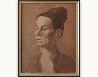 Vintage framed original oil painting By Ukrainian Soviet artist Y. Pavlenko Impressionist neutral brown tones female portrait One of a kind
