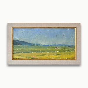 Pintura al óleo original de mediados de siglo. Del artista soviético ucraniano L. Popenko. Paisaje abstracto minimalista con campo amarillo y cielo azul. Única en su tipo