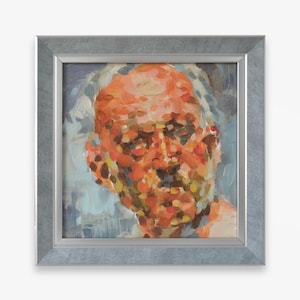 Pintura al óleo original enmarcada del artista soviético ucraniano E. Knyazev. Retrato masculino con textura de tonos grises y puntillismo. Obra de arte única