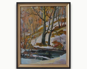 Vintage framed original oil painting. By Ukrainian Soviet artist V. Ivanenko. Impressionist muted winter forest and river landscape Fine art