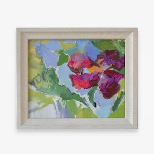 Pintura a óleo original e brilhante. Do artista soviético ucraniano O. Tkachenko. Natureza-morta impressionista com íris de tamanho pequeno. Belas artes. Única.
