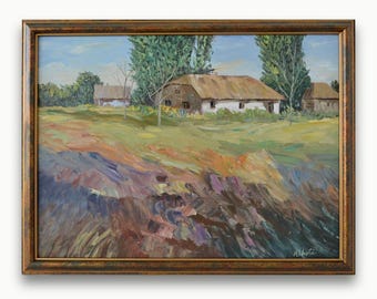 Original rural landscape oil painting. By European artist. Impasto countryside artwork. Framed village house landscape. Rainbow meadow art