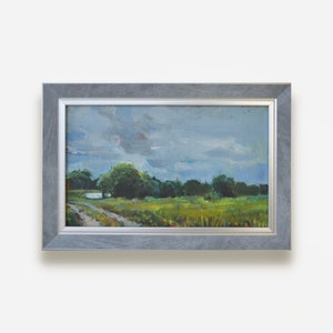 Pintura al óleo original vintage. Por el artista ucraniano soviético D. Ivanko. Paisaje impresionista enmarcado de nubes de tormenta. Arte fino. Único en su clase.