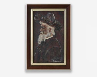 Vintage framed oil painting. By European artist. Impressionist hard textured detailed vertical profile male portrait One of a kind Fine art