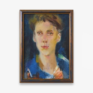 Pintura a óleo original. Do artista ucraniano soviético O. Tkachenko. Retrato vertical impressionista emoldurado de um jovem. Belas artes. Único.