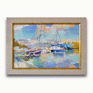 Pintura a óleo original emoldurada. Do artista soviético ucraniano O. Tkachenko. Paisagem marinha impressionista colorida de um iate clube. Belas artes, únicas.