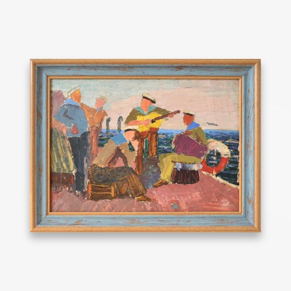 Vintage framed original oil painting. By Ukrainian Soviet artist O. Ovcharenko. Impressionist textured sailors on deck scene. One of a kind