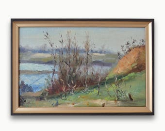 Vintage framed original oil painting. By Ukrainian Soviet artist V. Ivanenko Impressionist river landscape Horizontal serene nature wall art