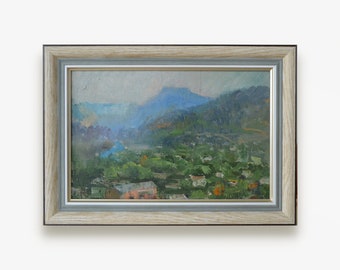 Origineel olieverfschilderij uit het midden van de eeuw. Door Sovjet-Oekraïense kunstenaar Y. Pavlenko. Impressionistisch bergen groen landschap. Fijne kunst. Uniek in zijn soort