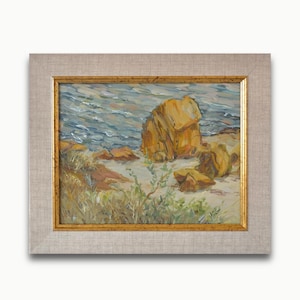 Textured Rocky Beach Seascape Oil Painting - Framed Impressionist Art