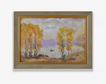 peinture à l'huile originale encadrée vintage. Par l'artiste ukrainien soviétique O. Ovcharenko. Paysage texturé impressionniste au bord du lac. Unique en son genre