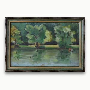 Pintura al óleo original vintage enmarcada. Del artista ucraniano soviético A. Litvinov. Paisaje impresionista de un lago verde con textura. Única en su tipo.