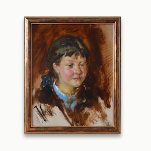 Pintura a óleo original emoldurada. Do artista ucraniano soviético O. Tkachenko Retrato de menina detalhado vertical realista social Belas artes Único