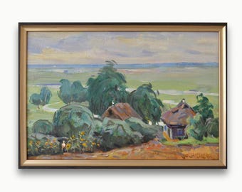 Vintage large original oil painting. By honored Ukrainian Soviet artist I. Tjuha. Impressionist framed rural landscape with village houses.