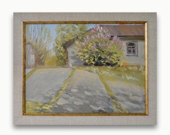 Original framed oil painting. By Ukrainian Soviet artist Impressionist hard textured summer rustic village landscape Fine art One of a kind