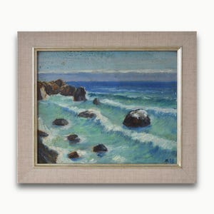 Pintura a óleo original emoldurada vintage. Do artista soviético ucraniano A. Korneev. Paisagem marinha impressionista de uma costa rochosa. Belas artes. Única.