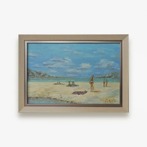 Original oil painting. By Ukrainian artist A. Gurskiy. Framed impressionist seascape with sunbathers. Sunny day on the beach. One of a kind.