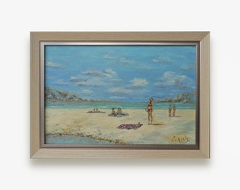 Original oil painting. By Ukrainian artist A. Gurskiy. Framed impressionist seascape with sunbathers. Sunny day on the beach. One of a kind.