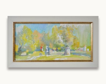 Original framed oil painting. By Ukrainian artist. Impressionist summer park landscape. Vibrant art Panoramic nature wall art One of a kind
