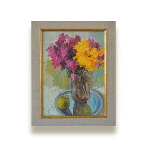 Original double sided oil painting. By Ukrainian artist M. Presnyak. Framed chrysanthemum Still Life and city park landscape. One of a kind