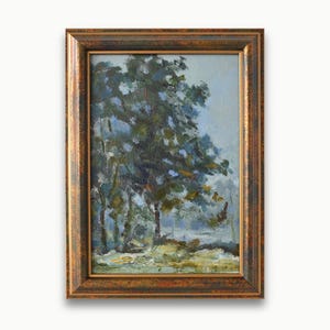 Pintura a óleo original emoldurada vintage. Do artista soviético ucraniano S. Paprotskiy. Paisagem impressionista texturizada em azul com árvores antigas. Única.