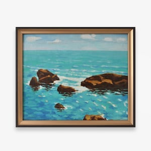 Pintura a óleo original horizontal vintage. Do artista soviético ucraniano V. Vlasov. Paisagem marinha impressionista de costa rochosa turquesa. Única