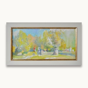 Pintura a óleo horizontal original. Do artista soviético ucraniano O. Tkachenko. Paisagem abstrata de árvores verdes de verão. Belas artes. Único