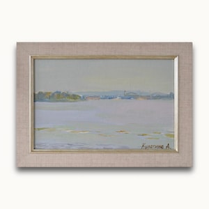 Pintura a óleo original emoldurada. Do artista ucraniano A. Kulagina. Cores pastel impressionistas, paisagem ribeirinha. Belas artes. Única.