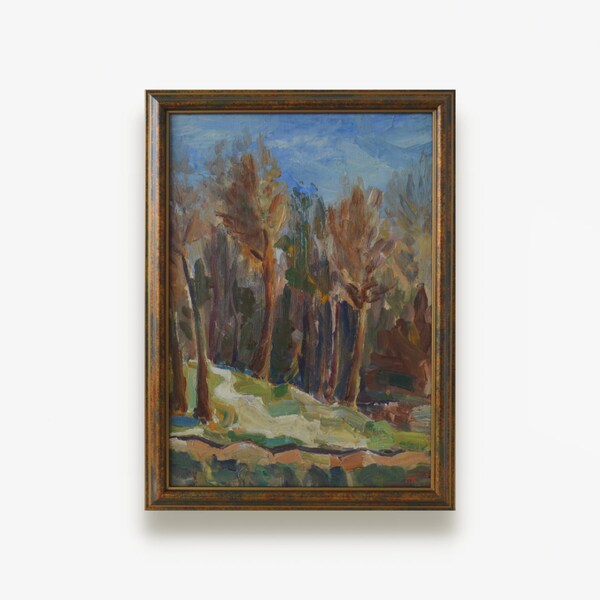 Vintage original oil painting. By Soviet Ukrainian artist N. Makeeva. Framed impressionist textured forest landscape. One of a kind.