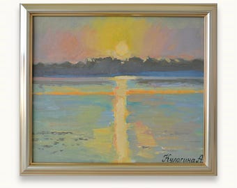 Original framed oil painting. By Ukrainian artist A. Kulagina. Impressionist textured sunset river landscape. Fine art. One of a kind.