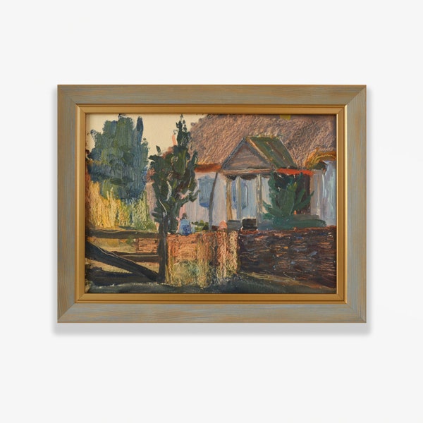 Vintage framed original oil painting. By Soviet Ukrainian artist V. Lazarev. Impressionist textured rural landscape. Fine art One of a kind