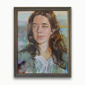 Pintura al óleo impresionista enmarcada: Retrato de niña de cabello castaño de E. Biletina