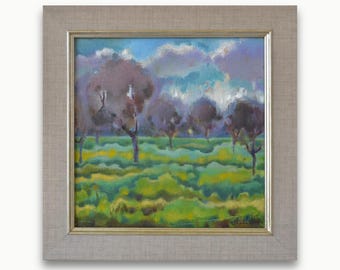 Original framed landscape oil painting. Small green meadow Impressionist artwork Mini canvas field and trees scenery Fine art One of a kind