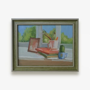 Original oil painting. By Ukrainian artist T. Dontsova. Framed impressionist textured Still Life on the windowsill. Fine art. One of a kind.