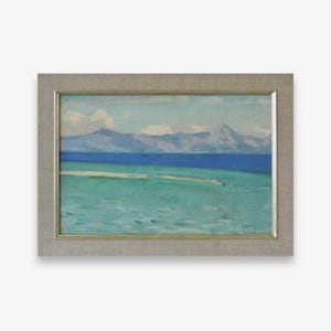 Pintura a óleo original minimalista vintage. Do artista ucraniano soviético V. Vlasov. Paisagem marinha horizontal texturizada emoldurada. Belas artes Únicas