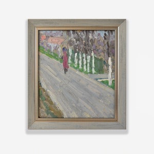 Pintura a óleo original emoldurada vintage. Do renomado artista soviético ucraniano G. Malyshev. Paisagem impressionista texturizada em beco. Única.