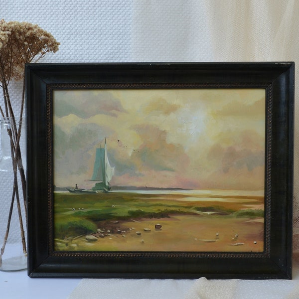 Antique original oil painting.By European artist.Realist and minimalist seascape with sailboat at sunrise.Collectible fine art.One of a kind