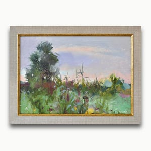 Pintura a óleo original emoldurada. Do artista soviético ucraniano O. Tkachenko. Pôr do sol impressionista em roxo suave e paisagem de juncos. Única.