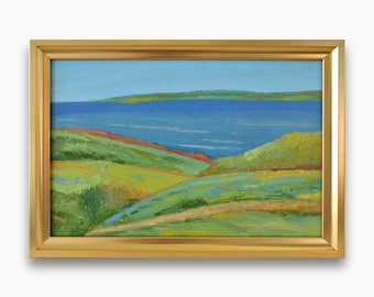 Original oil coastal landscape. By Ukrainian artist N. Paprotskiy. Framed textured impasto ocean view Rolling green hills art One of a kind