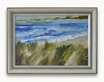 Original framed oil painting. By Ukrainian artist A. Pavlenko. Coastal seascape art. Beach dunes wall decor. Impressionist marine artwork.
