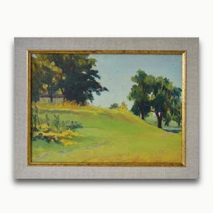 Pintura a óleo original emoldurada vintage. De artista soviético ucraniano. Paisagem impressionista de um prado verdejante de verão. Belas artes. Única.
