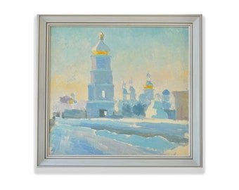 Dipinto ad olio originale incorniciato d'epoca. Dell'artista ucraino sovietico V. Lazarev. Paesaggio urbano invernale strutturato impressionista Arte unica nel suo genere