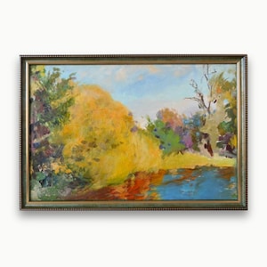 Paisagem original a óleo. Do artista ucraniano soviético O. Tkachenko. Pintura abstrata de cenário de lago amarelo emoldurado. Belas artes. Única