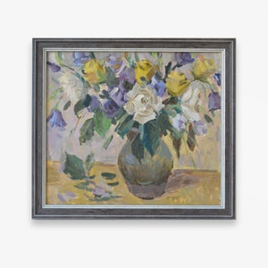 Framed Floral Oil Painting: Impressionist Roses Still Life by Ukrainian artist N. Blizhina