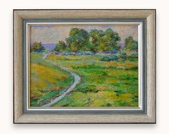 Original framed oil painting. By Ukrainian Soviet artist D. Ivanko. Impressionist textured green meadow landscape. Fine art One of a kind