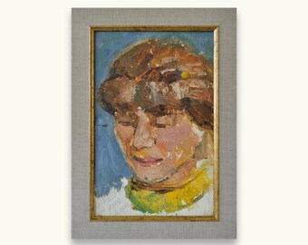 Vintage framed original oil painting. By Ukrainian Soviet artist. Impressionist detailed textural female portrait. Fine art. One of a kind.