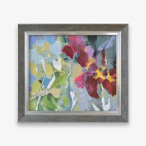 Pintura a óleo horizontal original. Do artista ucraniano soviético O. Tkachenko. Íris roxas modernas abstratas Natureza morta. Belas artes Únicas