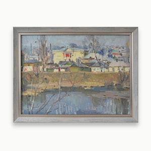 Pintura al óleo original texturizada de época. Del artista soviético ucraniano V. Lasarev. Paisaje fluvial enmarcado impresionista. Obra de arte única