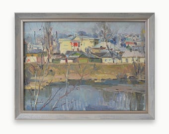 Vintage Impressionist River Landscape Oil Painting by V. Lasarev